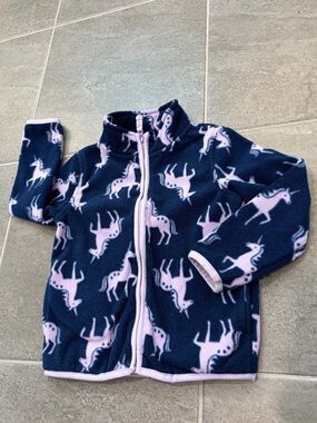2T girls’ fleece jacket, navy with purple unicorns, fair condition